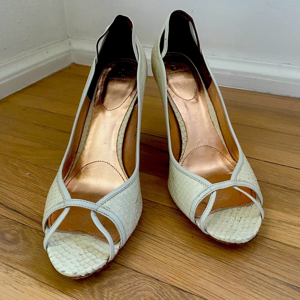 White snake skin heels